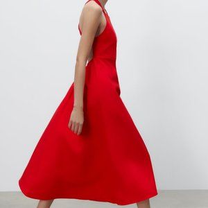 NWT Zara red linen blend midi dress, cross-back, halter-style